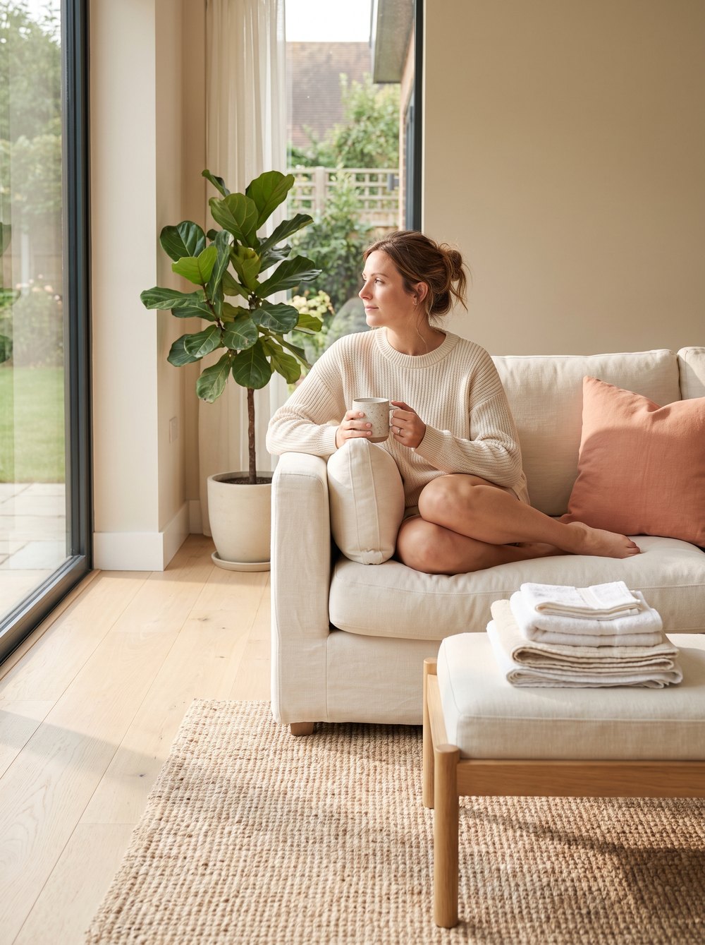 A woman relaxing with a coffee on a sunlit sofa, a stack of folded towels on the ottoman beside her