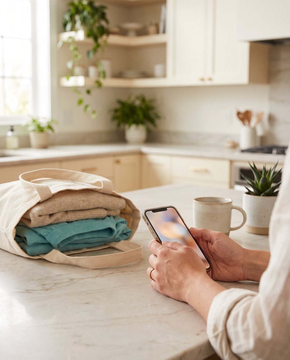 A hand booking a pickup on a phone beside a packed laundry tote on a kitchen counter