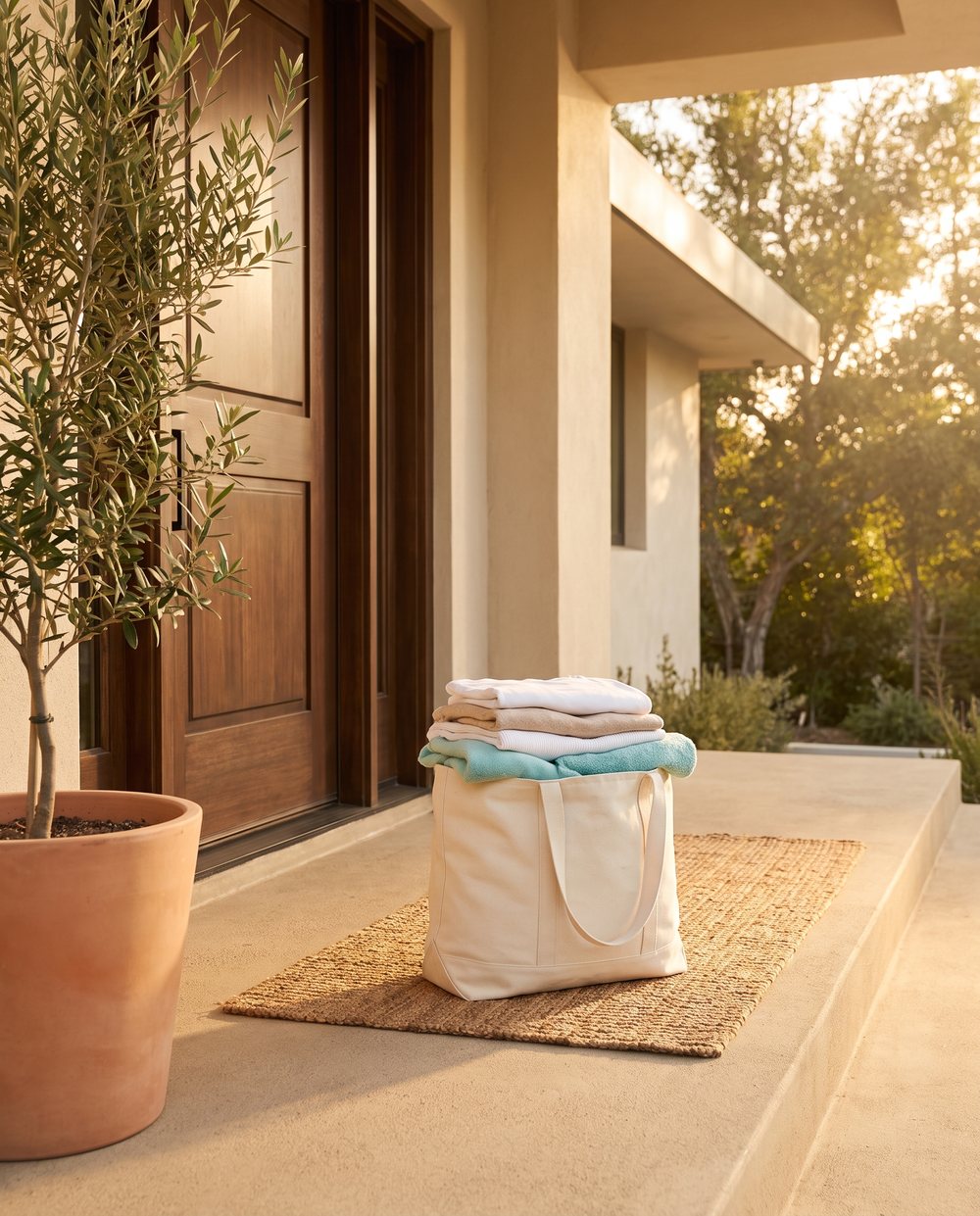 A canvas tote of freshly folded laundry waiting on a contemporary doorstep