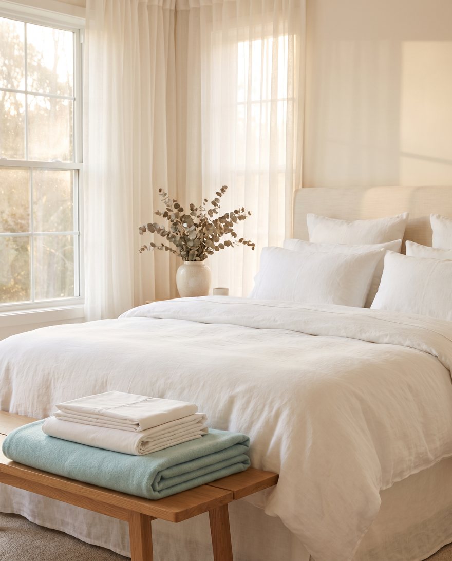 Crisp white bedding and folded linens in a bright airy bedroom