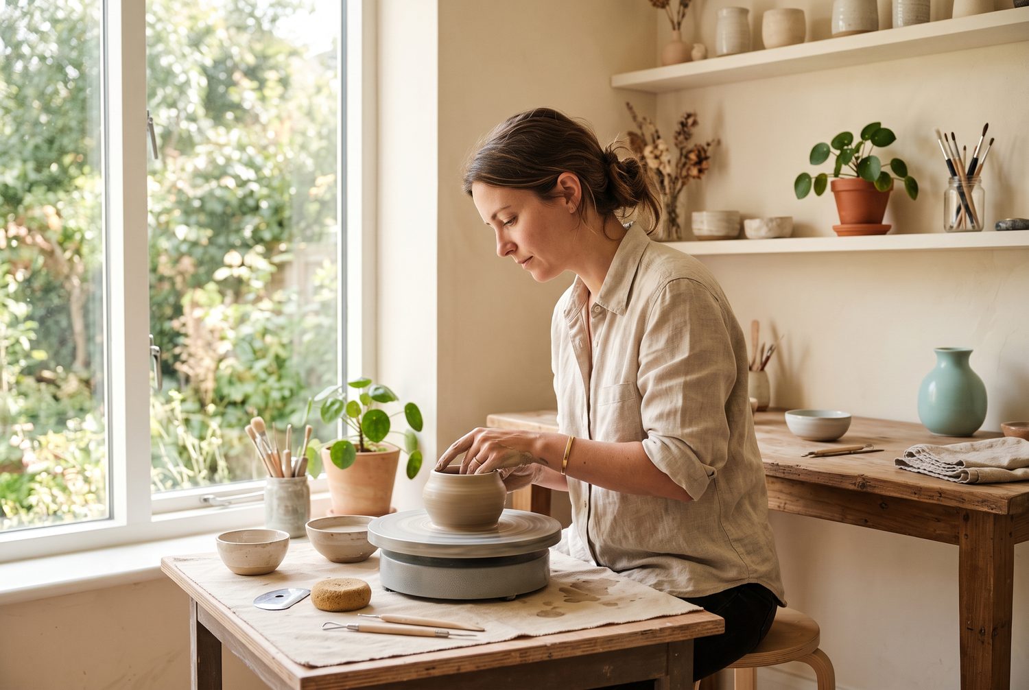 A person working at a pottery wheel at a bright wooden desk